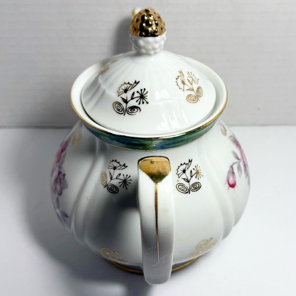 Vintage White Porcelain Japanese Teapot Pink Floral Art Gold Turquoise Accents - Picture 4 of 7